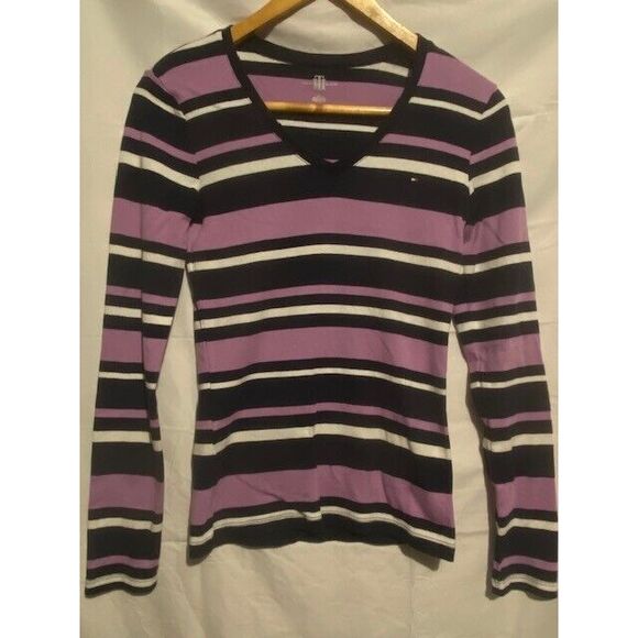 Tommy Hilfiger Tops - TOMMY HILFIGER long sleeve striped V NECK FITTED BLOUSE‎ small